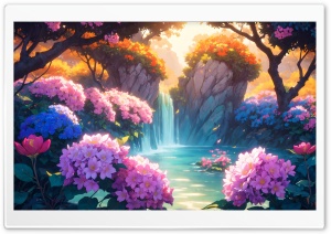 Scenic, Waterfall, Illustration, Flowers, Drawing, Colorful 4K UHD Wallpaper for Widescreen and UltraWide Desktop, UltraHD TV, Smartphone, Tablet