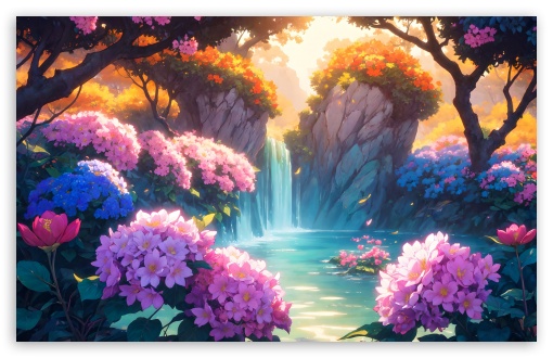 Scenic, Waterfall, Illustration, Flowers, Drawing, Colorful UltraHD Wallpaper for UHD 16:9 ; HD 16:9 ; UltraWide 21:9 24:10 ; Widescreen 16:10 5:3 ; Fullscreen 4:3 5:4 3:2 ; Tablet 1:1 ; Mobile 9:16 9:19.5 9:20 10:16 2:3 3:5 3:4 ;