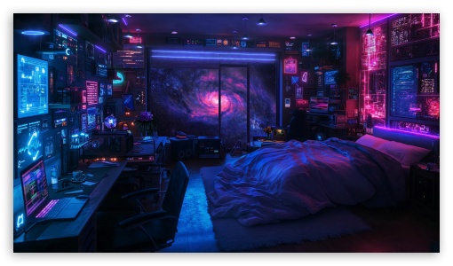 Science Fiction, Bedroom, Futuristic, Neon, High tech, Galaxy UltraHD Wallpaper for UHD 16:9 ; HD 16:9 ; UltraWide 21:9 24:10 ;