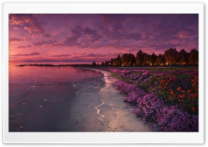 Sea, Shore, Flowers, Sunset, Illustration Ultra HD Wallpaper for 4K UHD Widescreen desktop, tablet & smartphone