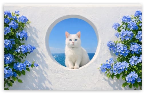 Sea View Window with White Cat and Blue Plumbago Flowers UltraHD Wallpaper for UHD 16:9 ; HD 16:9 ; UltraWide 21:9 24:10 32:9 32:10 ; Widescreen 16:10 ; Tablet 1:1 ; Mobile 9:16 9:19.5 9:20 9:21 9:22 ; Dual 16:10 16:9 ;