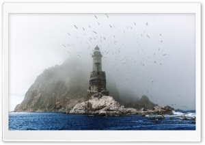 Seagulls Over Foggy Aniva Lighthouse 4K UHD Wallpaper for Widescreen and UltraWide Desktop, UltraHD TV, Smartphone, Tablet