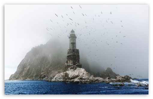 Seagulls Over Foggy Aniva Lighthouse UltraHD Wallpaper for UHD 16:9 ; HD 16:9 ; Widescreen 16:10 5:3 ; Fullscreen 4:3 5:4 3:2 ;