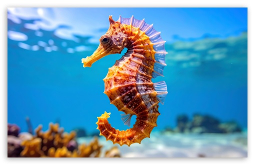 Seahorse, Blue Sea Water, Underwater, Macro UltraHD Wallpaper for UHD 16:9 ; HD 16:9 ; Widescreen 16:10 5:3 ; Fullscreen 4:3 5:4 3:2 ; Tablet 1:1 ; Mobile 9:16 10:16 2:3 3:5 3:4 ;