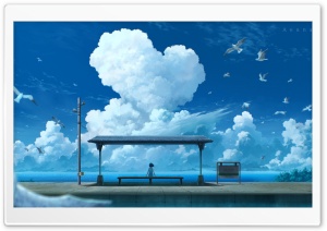 Seaside Anime Train Station 4K UHD Wallpaper for Widescreen and UltraWide Desktop, UltraHD TV, Smartphone, Tablet