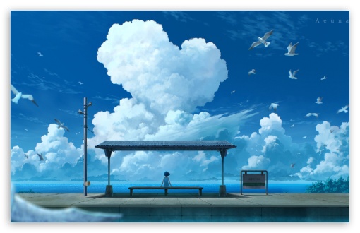 Seaside Anime Train Station UltraHD Wallpaper for UHD 16:9 ; HD 16:9 ; Widescreen 16:10 ;