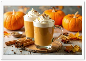 Seasonal Pumpkin Beverage in Cozy Setting 4K UHD Wallpaper for Widescreen and UltraWide Desktop, UltraHD TV, Smartphone, Tablet
