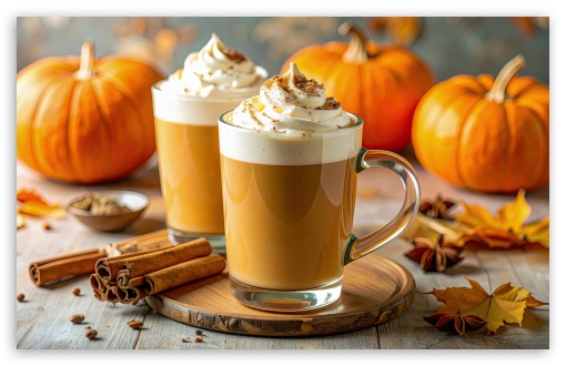 Seasonal Pumpkin Beverage in Cozy Setting UltraHD Wallpaper for UHD 16:9 ; HD 16:9 ; UltraWide 21:9 24:10 ; Widescreen 16:10 5:3 ; Fullscreen 4:3 5:4 3:2 ; Tablet 1:1 ;