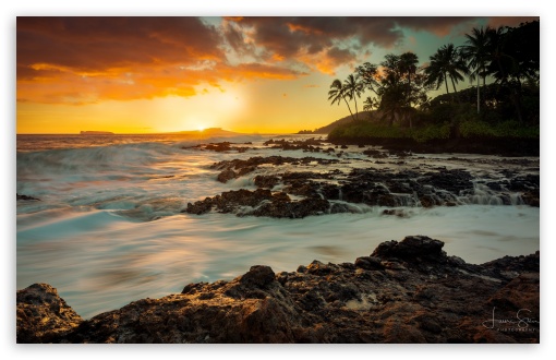 Secret Cove Beach, Maui, Hawaii, Sunnset, Sunset, Palm Trees UltraHD Wallpaper for UHD 16:9 ; HD 16:9 ; Widescreen 16:10 5:3 ;