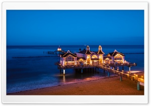 Sellin Pier, Baltic Seaside Resort, Germany, Night lights Ultra HD Wallpaper for 4K UHD Widescreen desktop, tablet & smartphone