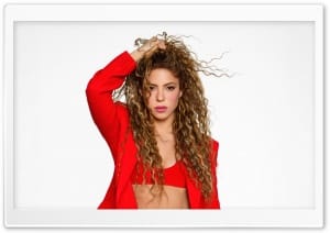 Shakira with Curly Hair in Red Outfit 4K UHD Wallpaper for Widescreen and UltraWide Desktop, UltraHD TV, Smartphone, Tablet