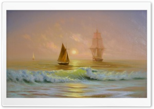 Ships On The Ocean Painting Ultra HD Wallpaper for 4K UHD Widescreen desktop, tablet & smartphone