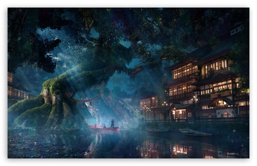 Silent River Journey Through the Asian Fantasy Village UltraHD Wallpaper for UHD 16:9 ; HD 16:9 ; Widescreen 16:10 5:3 ;