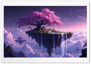Sky Island, Surreal Art, Cherry Blossom Tree, Spring, Fantasy, Clouds, Artwork 4K UHD Wallpaper for Widescreen and UltraWide Desktop, UltraHD TV, Smartphone, Tablet