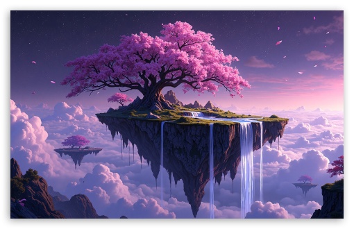 Sky Island, Surreal Art, Cherry Blossom Tree, Spring, Fantasy, Clouds, Artwork UltraHD Wallpaper for UHD 16:9 ; HD 16:9 ; UltraWide 21:9 24:10 ; Widescreen 16:10 5:3 ; Fullscreen 4:3 5:4 3:2 ;