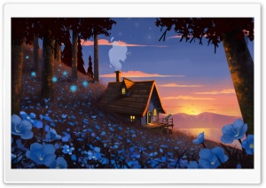 Small Chalet, Mountain Blue Flowers, Sunset 4K UHD Wallpaper for Widescreen and UltraWide Desktop, UltraHD TV, Smartphone, Tablet