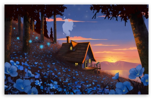 Small Chalet, Mountain Blue Flowers, Sunset UltraHD Wallpaper for UHD 16:9 ; HD 16:9 ; UltraWide 21:9 24:10 32:9 32:10 ; Widescreen 16:10 5:3 ; Fullscreen 4:3 5:4 3:2 ; Tablet 1:1 ; Mobile 9:16 10:16 2:3 3:5 3:4 ; Dual 16:10 5:3 16:9 4:3 5:4 3:2 ;
