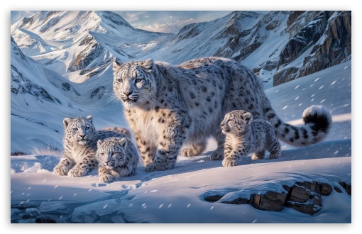 Snow Leopard Mother With Cubs, Winter Art UltraHD Wallpaper for UHD 16:9 ; HD 16:9 ; UltraWide 21:9 24:10 ; Widescreen 16:10 5:3 ; Fullscreen 4:3 5:4 3:2 ; Tablet 1:1 ; Mobile 9:16 9:19.5 9:20 9:21 10:16 2:3 3:5 3:4 ; Dual 4:3 5:4 3:2 ;