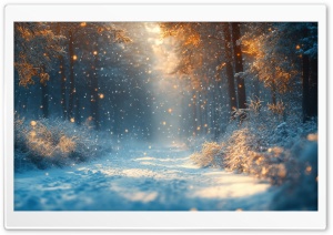 Snowflakes Illuminated by Golden Sunlight, Snowy Path Through a Winter Forest Ultra HD Wallpaper for 4K UHD Widescreen Desktop, Lockscreen, Screensaver, TV, Tablet, Smartphone