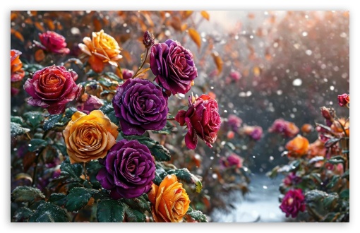 Snowing over Beautiful Roses UltraHD Wallpaper for HD 16:9 ; UltraWide 21:9 ; Widescreen 16:10 5:3 ; Fullscreen 4:3 5:4 3:2 ; Tablet 1:1 ; Mobile 9:16 10:16 2:3 3:5 3:4 ;