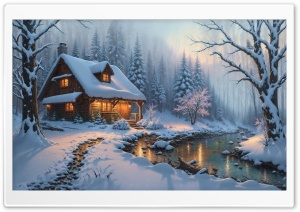 Snowy Cabin by the Woodland Stream Illustration 4K UHD Wallpaper for Widescreen and UltraWide Desktop, UltraHD TV, Smartphone, Tablet