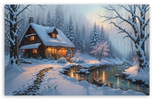 Snowy Cabin by the Woodland Stream Illustration UltraHD Wallpaper for UHD 16:9 ; HD 16:9 ; UltraWide 21:9 24:10 ; Widescreen 16:10 5:3 ; Fullscreen 4:3 5:4 3:2 ; Tablet 1:1 ; Mobile 3:4 ; Dual 4:3 5:4 ;