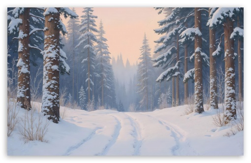 Snowy Road through Coniferous Forest Illustration UltraHD Wallpaper for UHD 16:9 ; HD 16:9 ; UltraWide 21:9 24:10 32:9 32:10 ; Widescreen 16:10 5:3 ; Fullscreen 4:3 5:4 3:2 ; Tablet 1:1 ; Mobile 9:16 9:19.5 9:20 9:21 9:22 10:16 2:3 3:5 3:4 ; Dual 16:10 5:3 16:9 4:3 5:4 3:2 ;