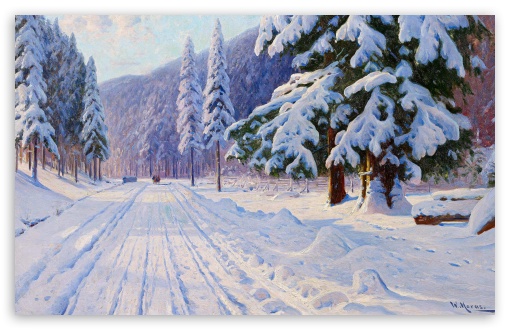 Snowy Road, Winter Painting Art by Walter Moras UltraHD Wallpaper for HD 16:9 ; UltraWide 21:9 24:10 ; Widescreen 16:10 5:3 ; Fullscreen 4:3 5:4 3:2 ; Tablet 1:1 ; Mobile 9:16 9:19.5 9:20 10:16 2:3 3:5 3:4 ;