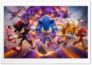 Sonic, Shadow, Tails, Knuckles, and Amy Running from Explosion 4K UHD Wallpaper for Widescreen and UltraWide Desktop, UltraHD TV, Smartphone, Tablet