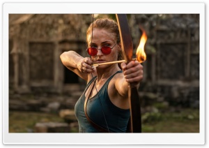 Sophie Turner as Lara Croft Firing a Bow 4K UHD Wallpaper for Widescreen and UltraWide Desktop, UltraHD TV, Smartphone, Tablet