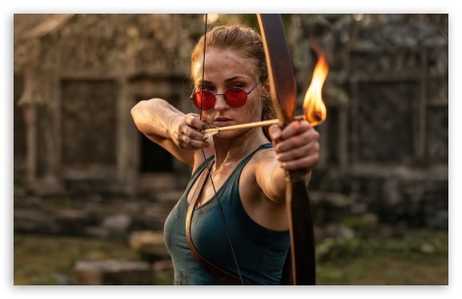 Sophie Turner as Lara Croft Firing a Bow UltraHD Wallpaper for UHD 16:9 ; HD 16:9 ; UltraWide 21:9 24:10 ; Widescreen 16:10 5:3 ; Fullscreen 4:3 5:4 3:2 ; Tablet 1:1 ; Mobile 9:16 10:16 2:3 3:5 3:4 ;