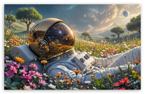 Spaceman in the Flower Field UltraHD Wallpaper for HD 16:9 ; UltraWide 21:9 24:10 ; Widescreen 16:10 5:3 ; Fullscreen 4:3 5:4 3:2 ; Tablet 1:1 ; Mobile 9:16 9:19.5 9:20 10:16 2:3 3:5 3:4 ;