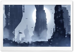 Spaceships Over Sci Fi City 4K UHD Wallpaper for Widescreen and UltraWide Desktop, UltraHD TV, Smartphone, Tablet