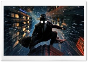 Spider-Man Noir Crouching on Building Ledge in Rain 4K UHD Wallpaper for Widescreen and UltraWide Desktop, UltraHD TV, Smartphone, Tablet