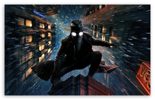 Spider-Man Noir Crouching on Building Ledge in Rain UltraHD Wallpaper for UHD 16:9 ; HD 16:9 ; UltraWide 21:9 24:10 ; Widescreen 16:10 ; Tablet 1:1 ; Mobile 9:16 9:19.5 9:20 9:21 9:22 ;