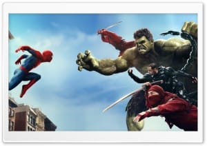 Spider-man vs Hulk, Scorpion, Ninjas in Brand New Day 4K UHD Wallpaper for Widescreen and UltraWide Desktop, UltraHD TV, Smartphone, Tablet