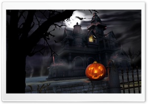 Spooky House Bats Pumpkin Full Moon Hallowmas Halloween Ultra HD Wallpaper for 4K UHD Widescreen desktop, tablet & smartphone