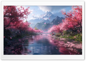 Spring, Cherry Blossom Trees Along the River 3D Art Ultra HD Wallpaper for 4K UHD Widescreen desktop, tablet & smartphone