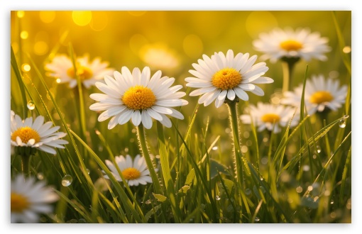 Spring Daisies in Green Grass UltraHD Wallpaper for UHD 16:9 ; HD 16:9 ; UltraWide 21:9 24:10 32:9 32:10 ; Widescreen 16:10 ; Tablet 1:1 ; Mobile 9:16 9:19.5 9:20 ; Dual 16:10 16:9 ;