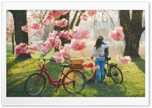 Spring, Love, Hug, Couple, Romantic, Park, Vintage Bicycles 4K UHD Wallpaper for Widescreen and UltraWide Desktop, UltraHD TV, Smartphone, Tablet