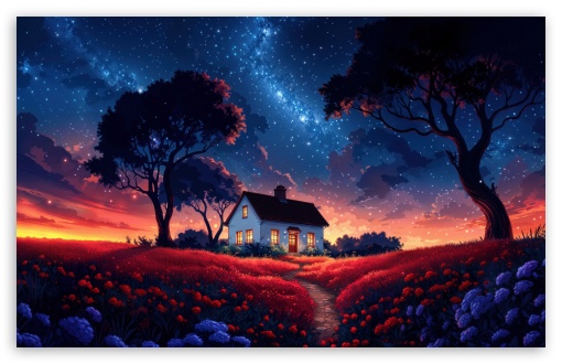 Starry Night Over a Cozy Cottage UltraHD Wallpaper for UHD 16:9 ; HD 16:9 ; UltraWide 21:9 24:10 32:10 ; Widescreen 16:10 5:3 ; Fullscreen 4:3 5:4 3:2 ; Tablet 1:1 ; Mobile 9:16 9:19.5 9:20 9:21 9:22 10:16 2:3 3:5 3:4 ; Dual 16:10 5:3 4:3 5:4 3:2 ;