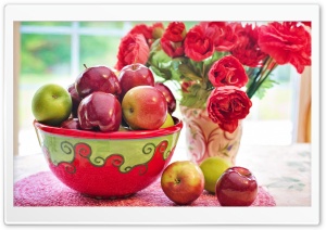 Still Life Apples fruits Bowl, Red Flowers in Vase Ultra HD Wallpaper for 4K UHD Widescreen desktop, tablet & smartphone