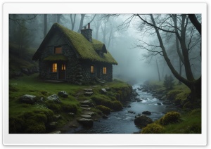 Stone House, Mossy Roof, Forest Stream, Fog, Empty Trees, Gloomy Weather 4K UHD Wallpaper for Widescreen and UltraWide Desktop, UltraHD TV, Smartphone, Tablet