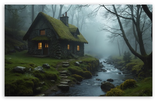 Stone House, Mossy Roof, Forest Stream, Fog, Empty Trees, Gloomy Weather UltraHD Wallpaper for UHD 16:9 ; HD 16:9 ; UltraWide 21:9 24:10 ; Widescreen 16:10 5:3 ; Fullscreen 4:3 5:4 3:2 ; Tablet 1:1 ; Mobile 9:19.5 9:20 9:21 9:22 10:16 2:3 3:5 3:4 ;