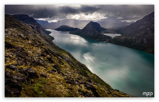 Storm Clouds, Gjende Glacier Mountain Lake, Panoramic, Landscape UltraHD Wallpaper for UHD 16:9 ; HD 16:9 ; Widescreen 16:10 5:3 ; Fullscreen 4:3 5:4 3:2 ; Tablet 1:1 ;