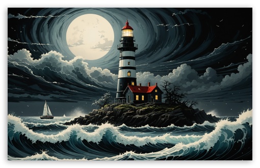 Storm Surge Lighthouse Illustration UltraHD Wallpaper for HD 16:9 ; UltraWide 21:9 ; Widescreen 16:10 5:3 ; Fullscreen 4:3 5:4 3:2 ; Tablet 1:1 ; Mobile 9:16 10:16 2:3 3:5 3:4 ;