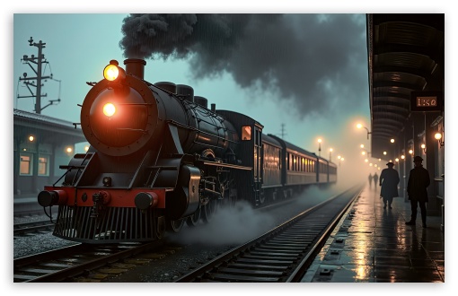 Stream Train, Railway Station, Rainy Day, Art UltraHD Wallpaper for UHD 16:9 ; HD 16:9 ; UltraWide 21:9 24:10 ; Widescreen 16:10 5:3 ; Fullscreen 4:3 5:4 3:2 ; Tablet 1:1 ;