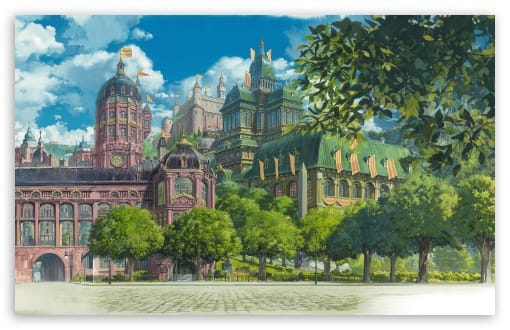 Studio Ghibli Kingsbury City Square Howls Moving Castle Art UltraHD Wallpaper for UHD 16:9 ; HD 16:9 ; UltraWide 21:9 24:10 ; Widescreen 16:10 ; Tablet 1:1 ;