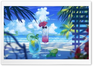 Summer Cocktails, Beach, Seaside Illustration Ultra HD Wallpaper for 4K UHD Widescreen Desktop, Lockscreen, Screensaver, TV, Tablet, Smartphone