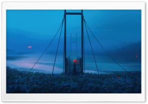 Sundown, Bridge, Girl, Umbrella, Flower Petals in Wind 4K UHD Wallpaper for Widescreen and UltraWide Desktop, UltraHD TV, Smartphone, Tablet